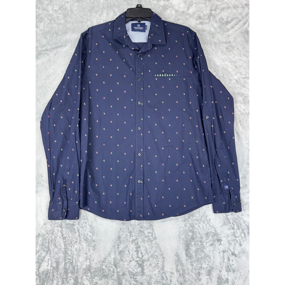 Scotch Soda Men's Navy Blue Geometric allover Print Button Down Shirt Size Large